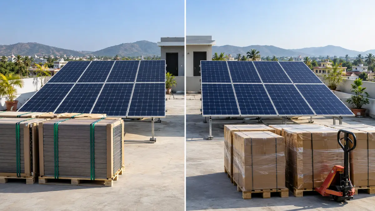Side-by-side comparison of two rooftop solar module options for an Indian home