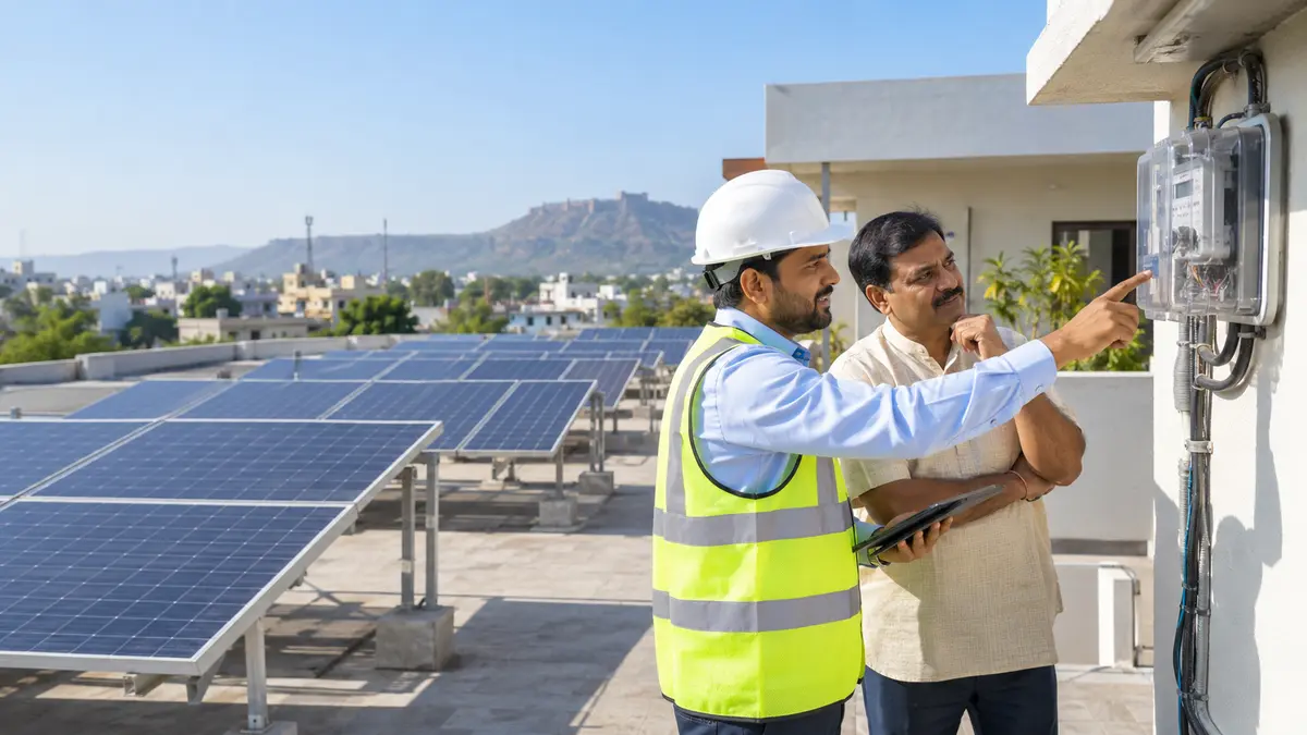 Homeowner reviewing a rooftop solar net meter with a solar engineer in Chh Sambhajinagar
