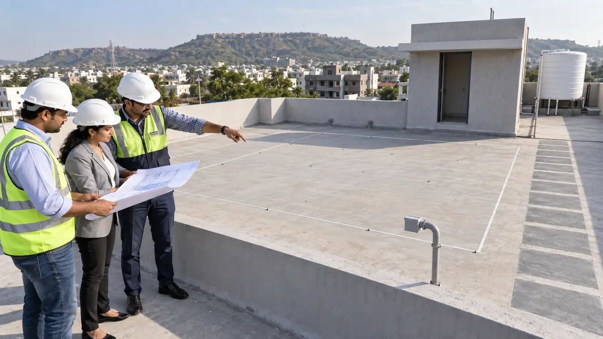 Architect and solar engineers marking a solar-ready panel zone on a new bungalow roof