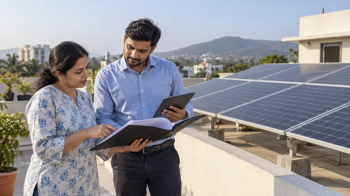 Homeowner verifying a residential rooftop solar vendor’s documents before installation